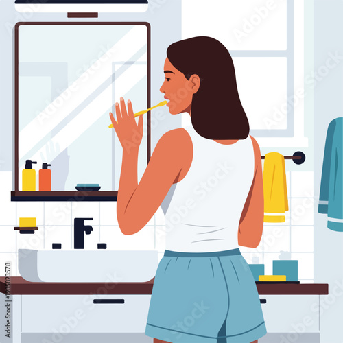 A woman in pajamas brushes her teeth while looking into a bathroom mirror at home