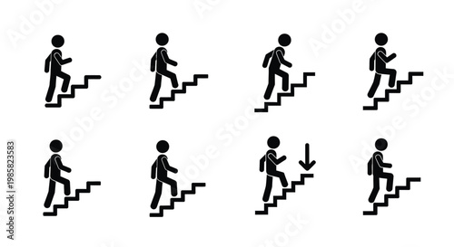 Stick figures ascending and descending a set of stairs illustrated in black