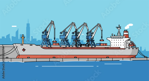 A large cargo ship docked at a port with cranes loading containers for shipping