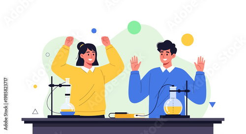 Excited Students Celebrating Chemistry Experiment Success in Laboratory.