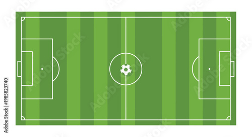 Aerial view of a green soccer field with a ball centered on it