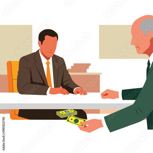 Two businessmen in an office, one person handing money to the other underneath