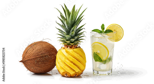 Tropical drink ingredients, pineapple, coconut, and lemon, refreshing summer beverage elements