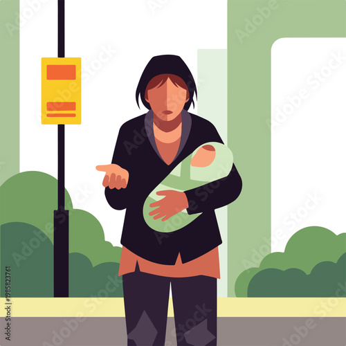 A homeless woman holding a newborn baby while begging on a city street corner