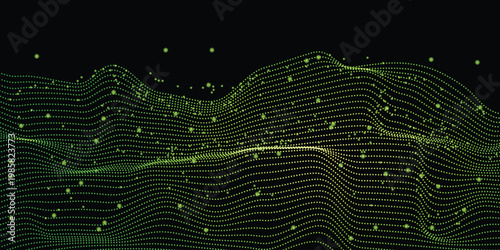 Abstract green glowing particle wave with floating bokeh dots on black background. Futuristic digital data flow and grid network concept. Vector Illustration.