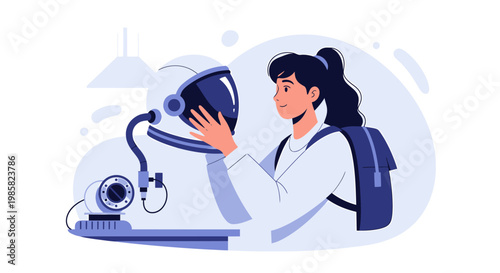 Female astronaut with space helmet preparing for mission.