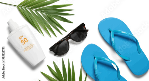 Summer vacation accessories, beach essentials, sunscreen, sunglasses, flip flops