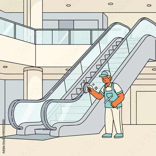 A worker cleaning the glass handrail of a shopping mall escalator with a cloth