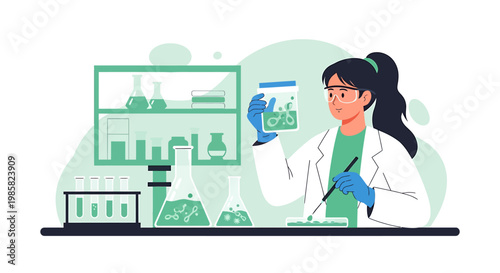Female Scientist Analyzing Sample in Laboratory Setting.
