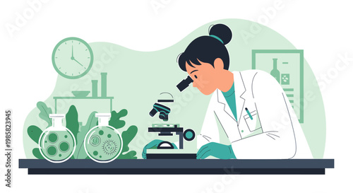 Female Scientist Concentrating on Microscope Examination in Laboratory.
