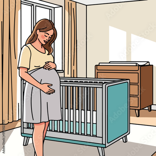 A pregnant woman stands lovingly in a nursery beside a modern baby crib indoors