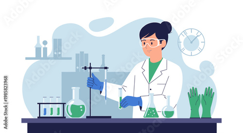 Female scientist conducting experiment in laboratory with glassware.