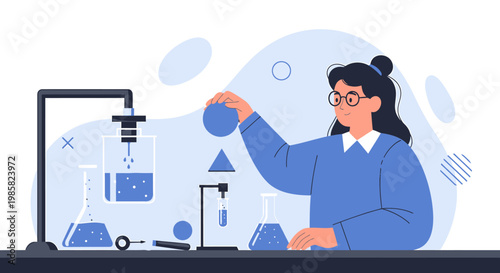 Female Scientist Conducting Experiment in Laboratory with Glassware.