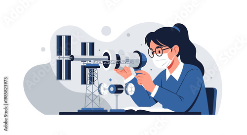 Female Scientist Analyzing Satellite Model with Telescope in Lab.