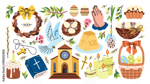 Colorful Easter set of illustrations and stickers. Christian celebrations of the resurrection, Easter, Palm Sunday, religious symbols, church tradition and spring season. Cute seasonal designs.