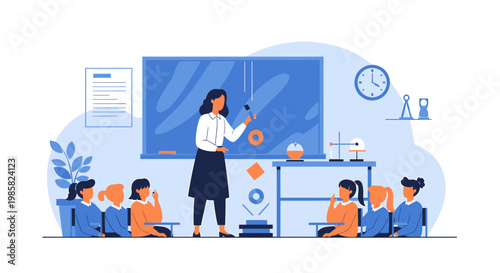 Female Teacher Explaining Physics Experiment to Students in Classroom.