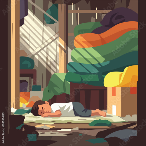 A young boy sleeping on a rug amidst a cluttered and dilapidated room setting