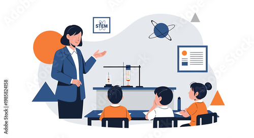 Female Teacher Explaining Science to Students in Classroom Illustration.