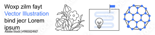 Nature, technology, education, creativity, research, design. Clean visual elements showing floral patterns, a pathway with a light bulb and a molecular model. Nature and technology visually