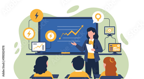 Female Teacher Giving a Presentation to Students in a Classroom.