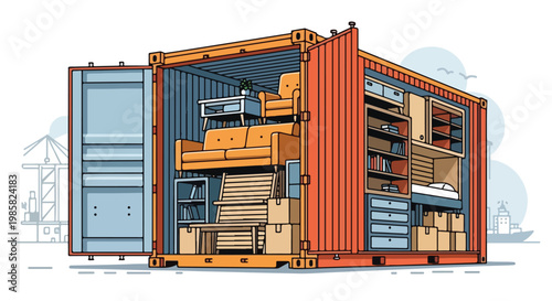 An open orange shipping container packed with furniture, boxes, and home decor