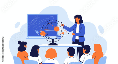 Female teacher explaining solar system model to students in classroom.