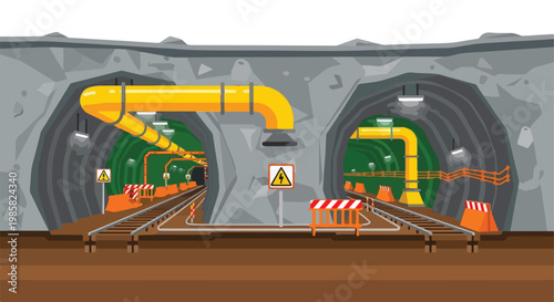 Illustrated underground mining tunnel with railway tracks and bright yellow pipes