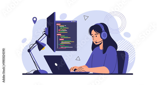Focused Female Programmer Coding with Dual Monitors and Headset.