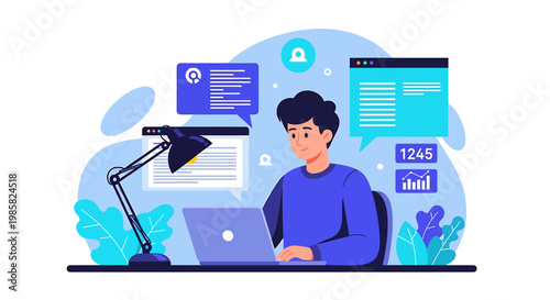 Focused Man Working on Laptop with Multiple Digital Screens.