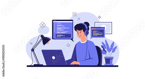 Focused programmer coding on laptop with dual monitor setup.
