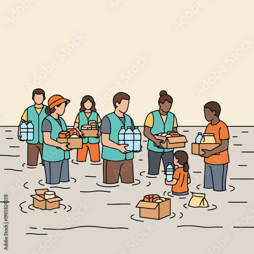 Volunteers wade through floodwaters to deliver food and water supplies to victims