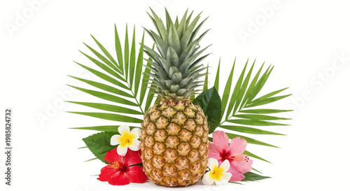 Tropical pineapple, palm leaves, hibiscus flowers, summer vacation, exotic fruit, floral arrangement