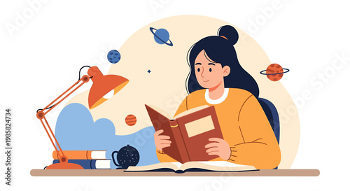 Focused Student Absorbed in Book, Studying and Learning.