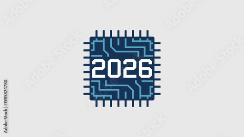 Minimalist processor illustration in blue tones on white - for electronics design content
