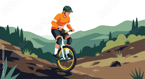 A person in a helmet riding a unicycle down a rocky trail in the mountains