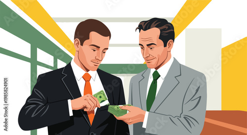 Two businessmen in suits exchanging a stack of paper currency in an office space