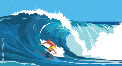 A tan male surfer rides a large blue curling ocean wave on a white surfboard