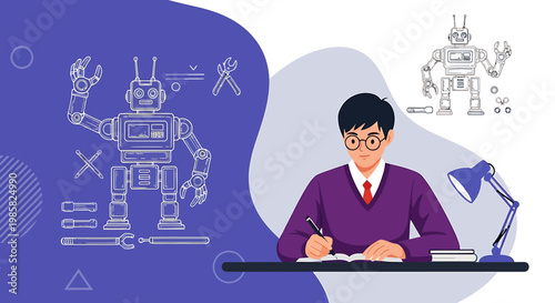 Focused student with glasses writing at desk with robot sketches.