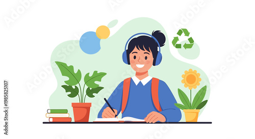 Focused Young Student Engaged in Writing with Headphones On.