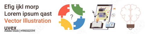 Education, innovation, problem solving, artificial intelligence, creativity, technology. Colorful puzzle pieces with a question mark, digital screen with robot and book and light bulb. Education