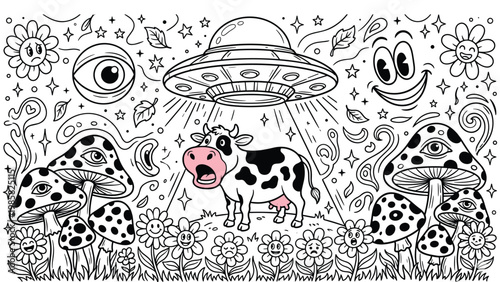 Black and white coloring page of alien ufo cow abduction with mushrooms and daisy flowers.
