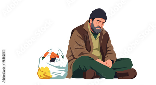 A sad, bearded man in a brown coat sitting on the ground with a plastic bag