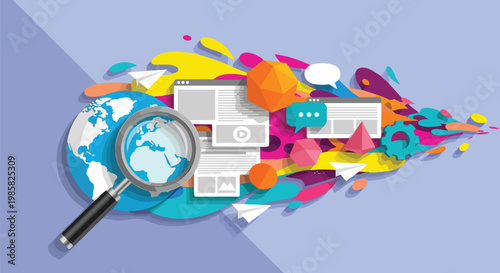 Vibrant illustration of a globe with a magnifying glass, website elements, with colorful shapes, concept for global marketing, internet communications and digital technology.