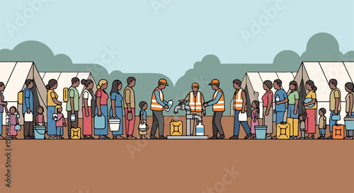 People in a refugee camp line up to collect clean water from a public pump
