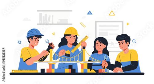 Group of students working on a construction project together.