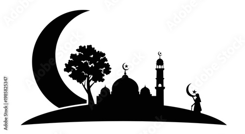 Islamic Crescent Moon Mosque and Tree Silhouette