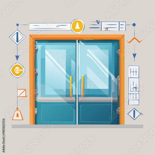 Glass double doors with safety symbols and signage public space modern design building entrance architecture building information illustration contemporary commercial hospital