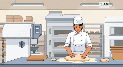A female baker in uniform kneads dough on a table in a professional kitchen area