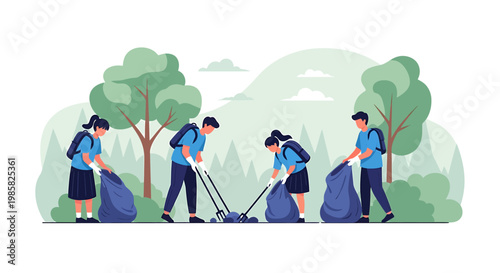 Group of Volunteers Cleaning Up Trash in a Park Illustration.
