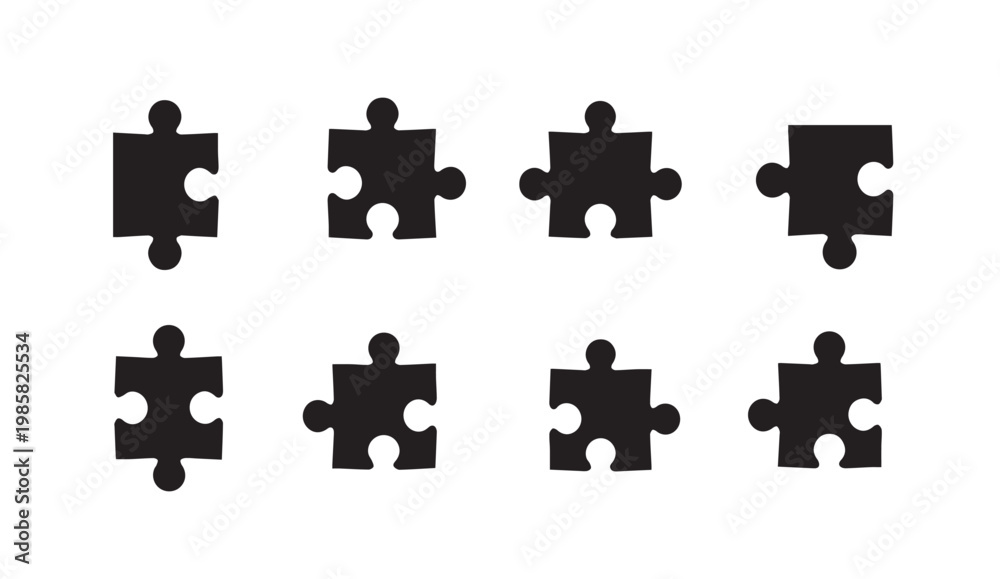 Naklejka premium Eight black puzzle pieces arranged in two rows against a white background